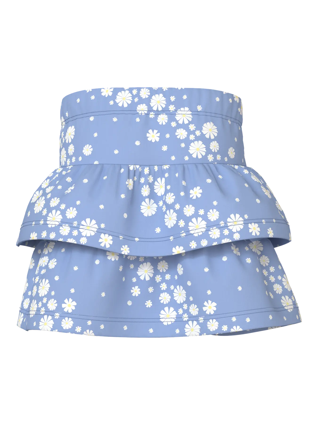 Two-layered skirt with white floral pattern on a light blue background