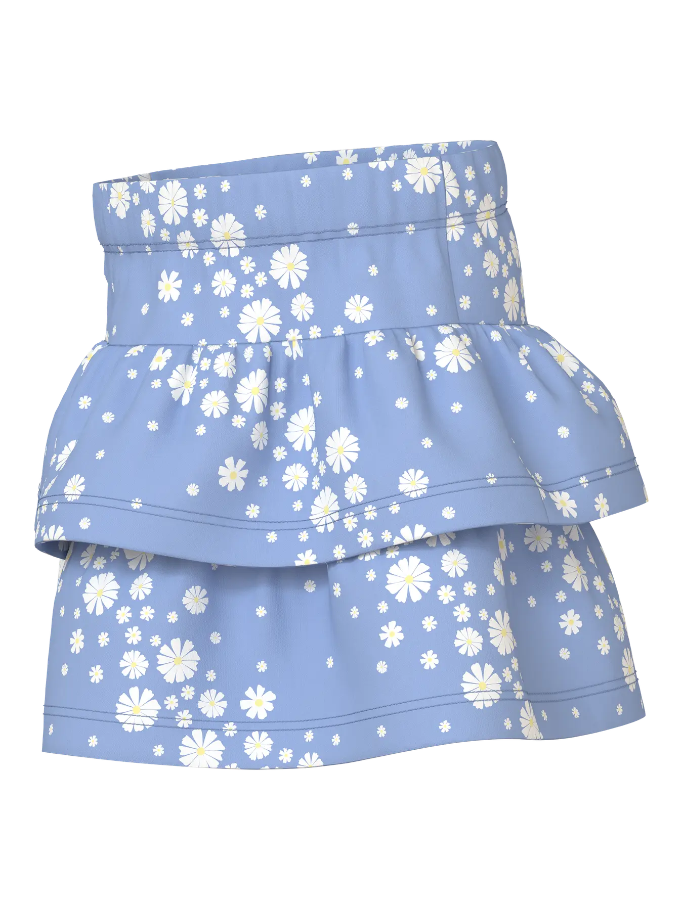 Blue skirt with white floral pattern on a white background