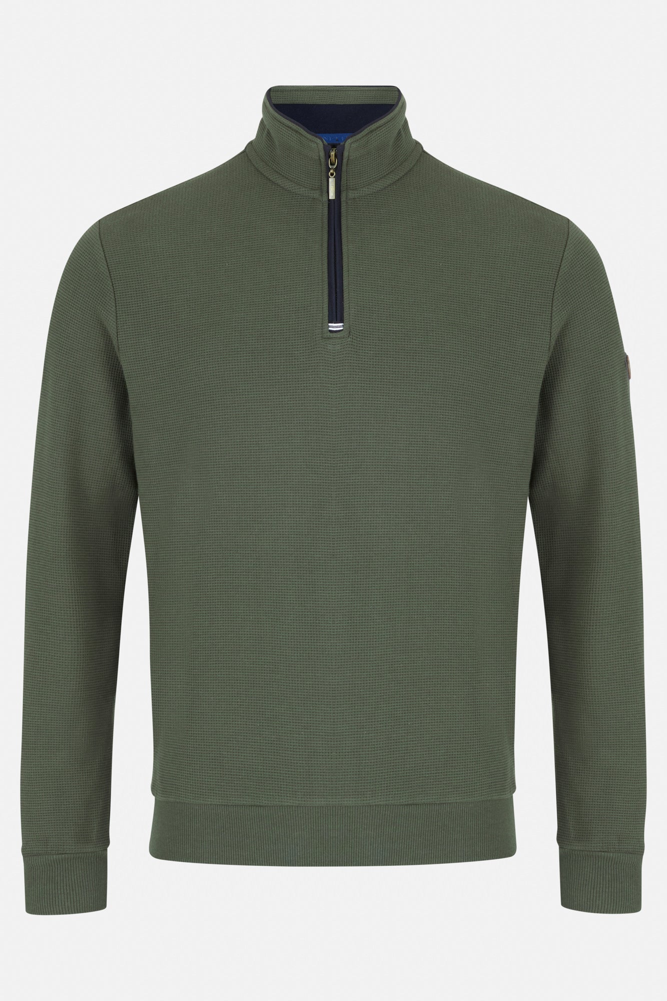 Green sweatshirt with a quarter zip on a white background