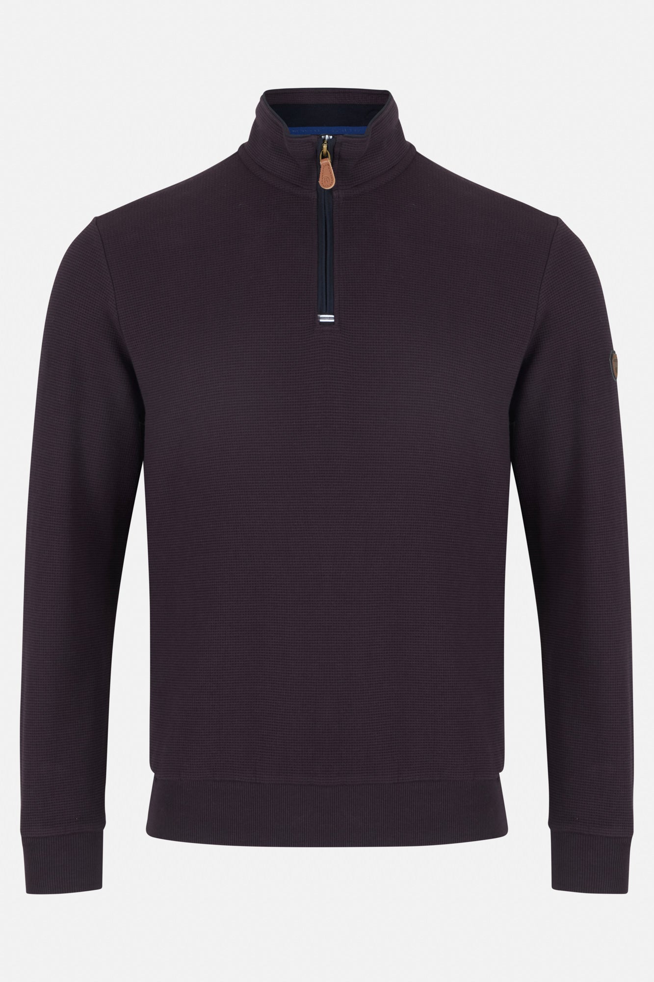 Grape colour sweatshirt with a quarter zip on a light gray background