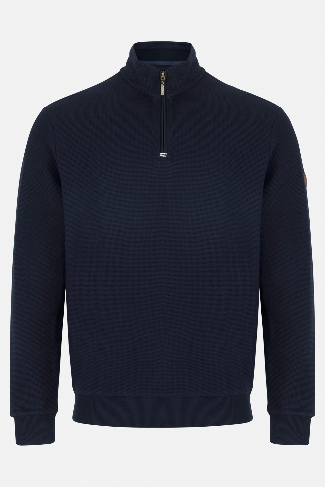 Navy blue half-zip sweatshirt on a white background
