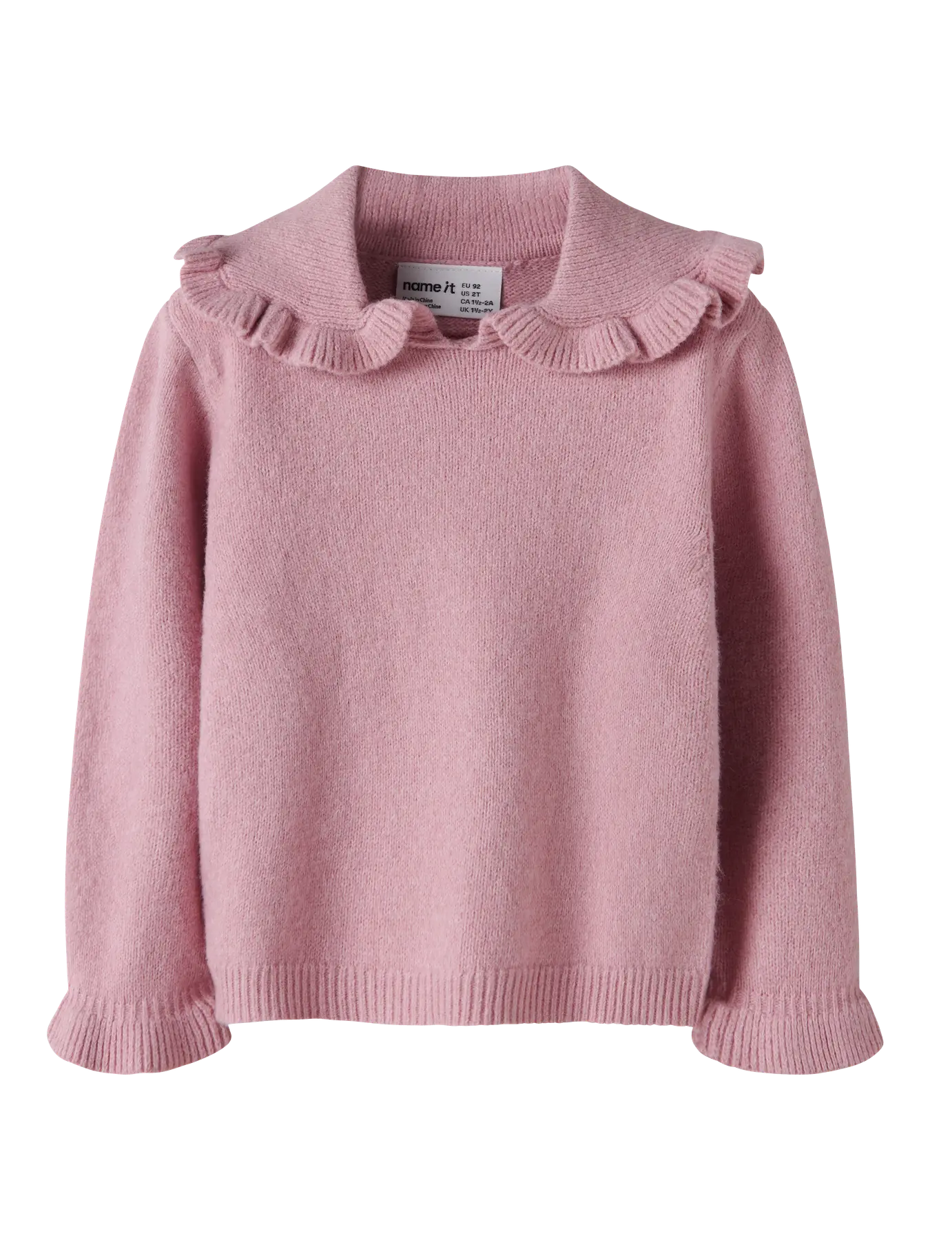 Pink sweater with ruffled collar on a white background