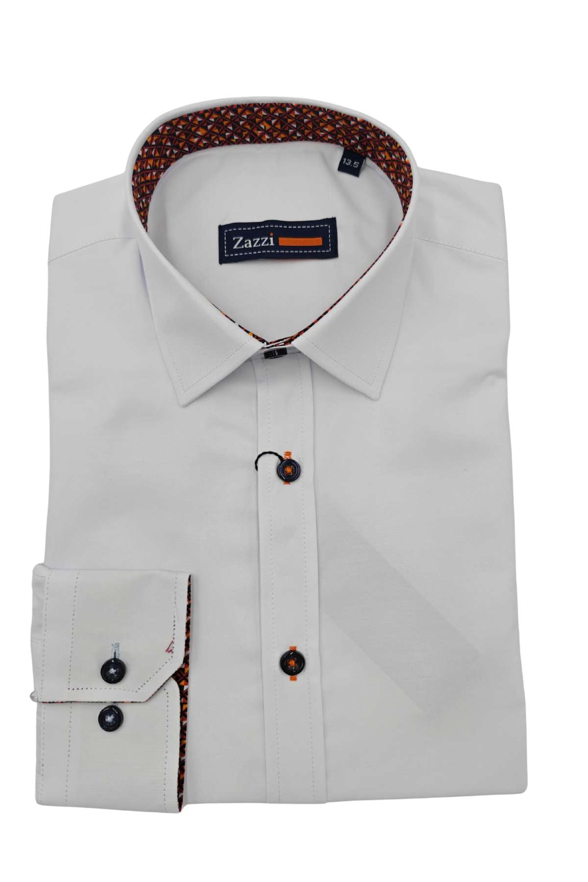 Folded light gray dress shirt with a Zazzi label on a white background