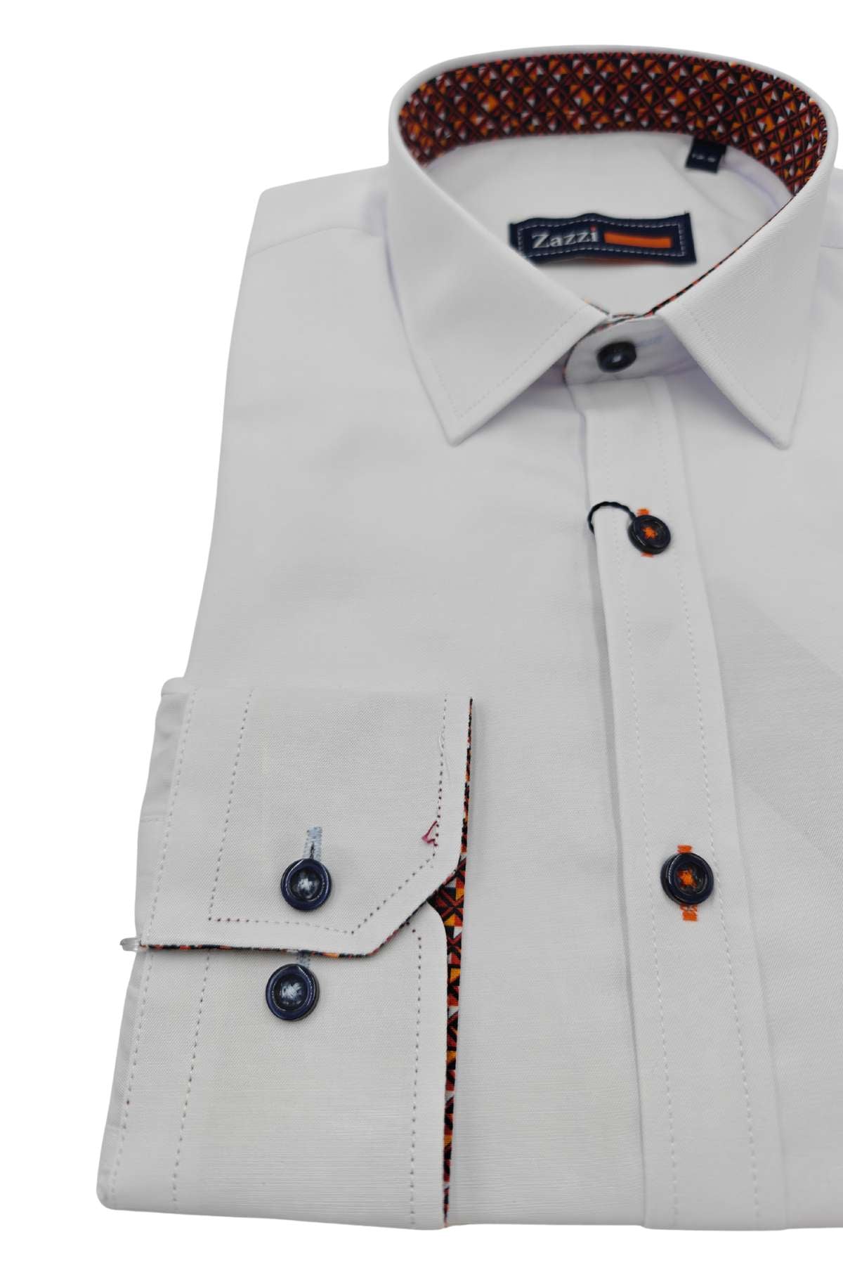 White dress shirt with patterned inner lining and brand label on a white background