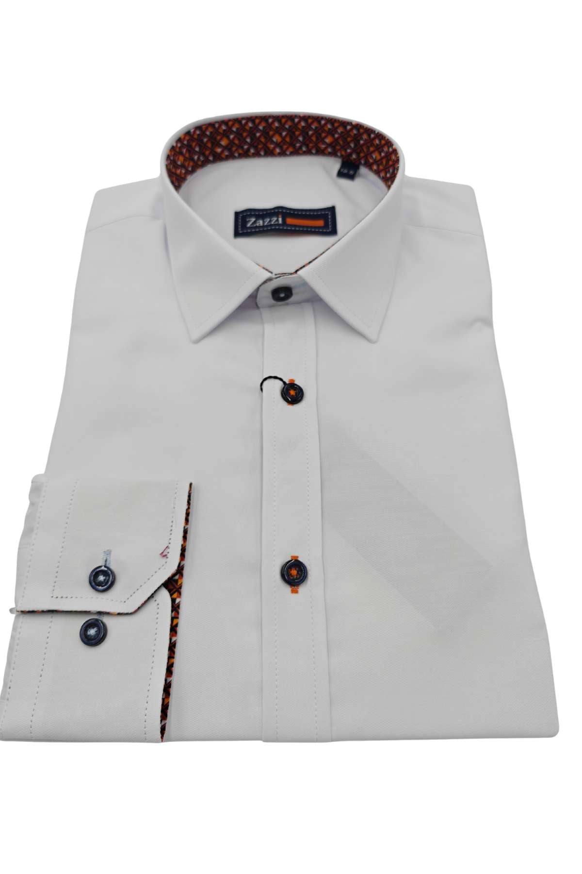 Folded white dress shirt with patterned collar and inside placket on a white background
