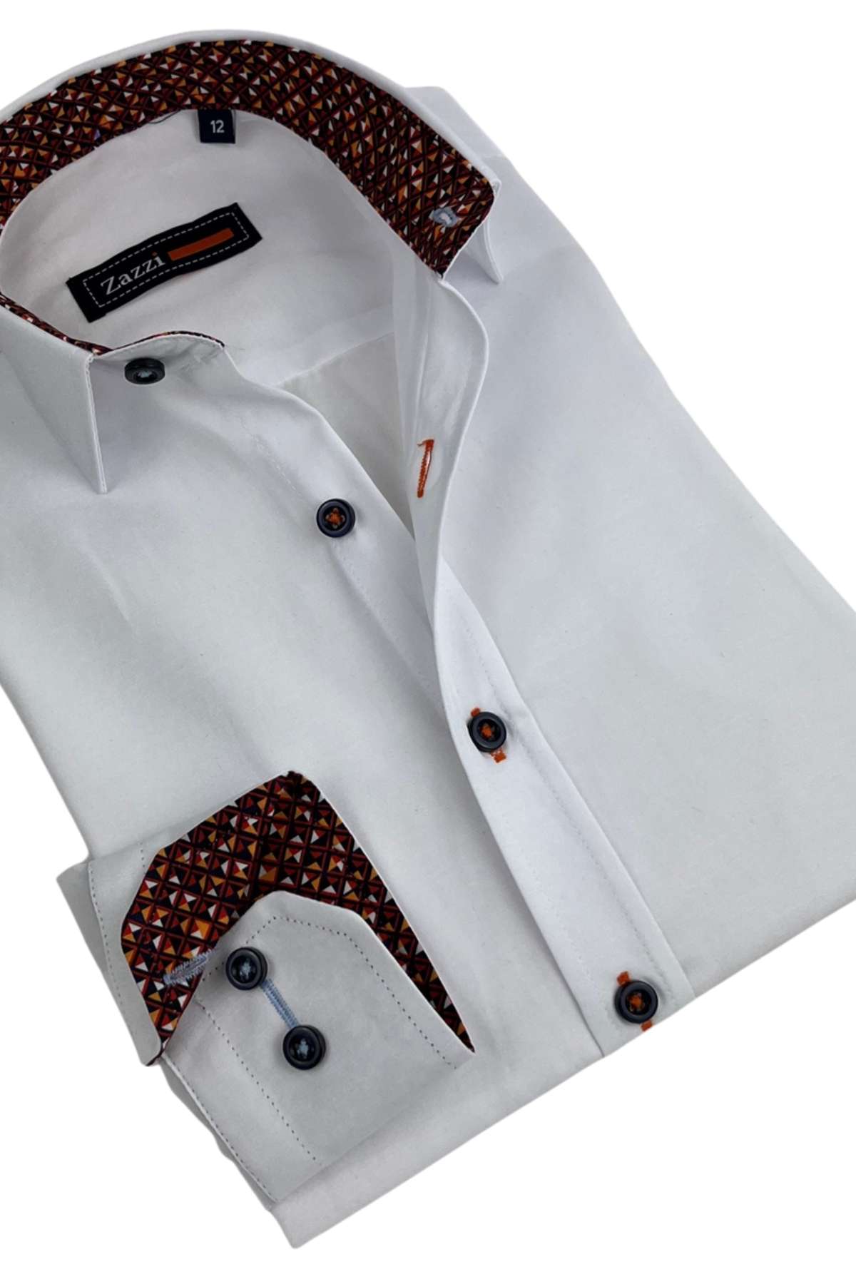White dress shirt with a rust trim on a white background