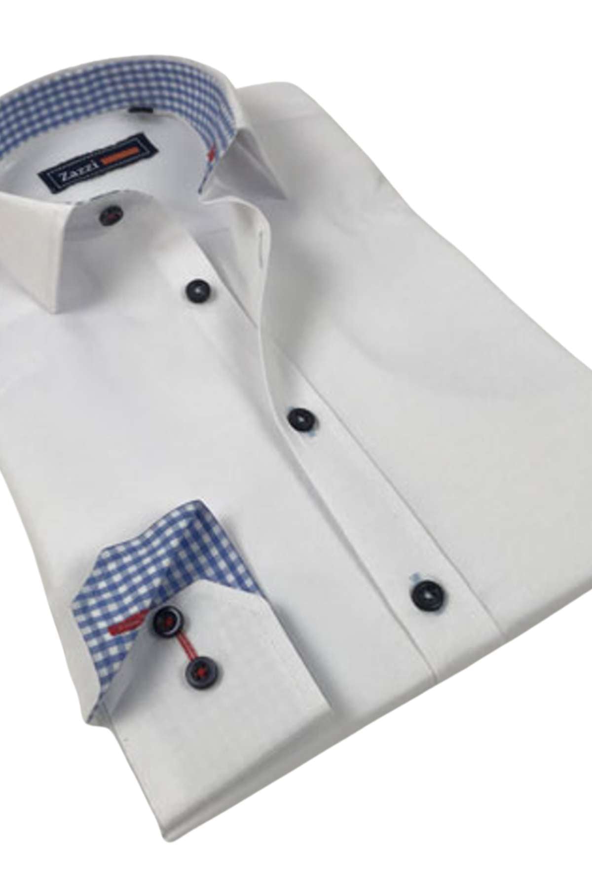 White dress shirt with blue checkered accents on a white background