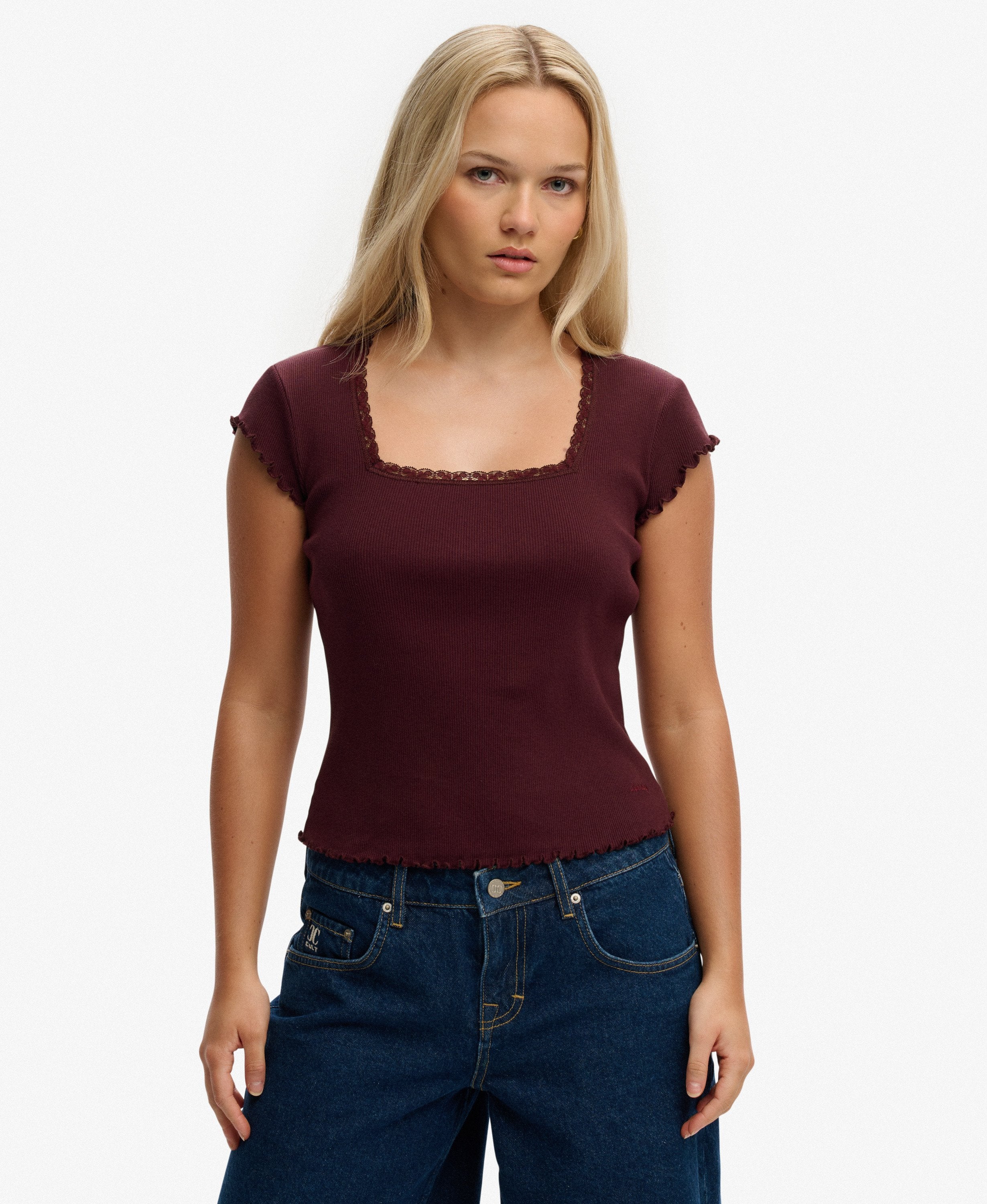 Superdry Ladies Ath Ess Square Neck Tee-Port Red Port Red front view