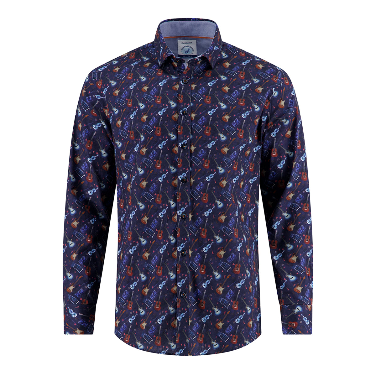 Men's Long Sleeve Shirt With Guitar Pattern-Navy-Ghost Front View