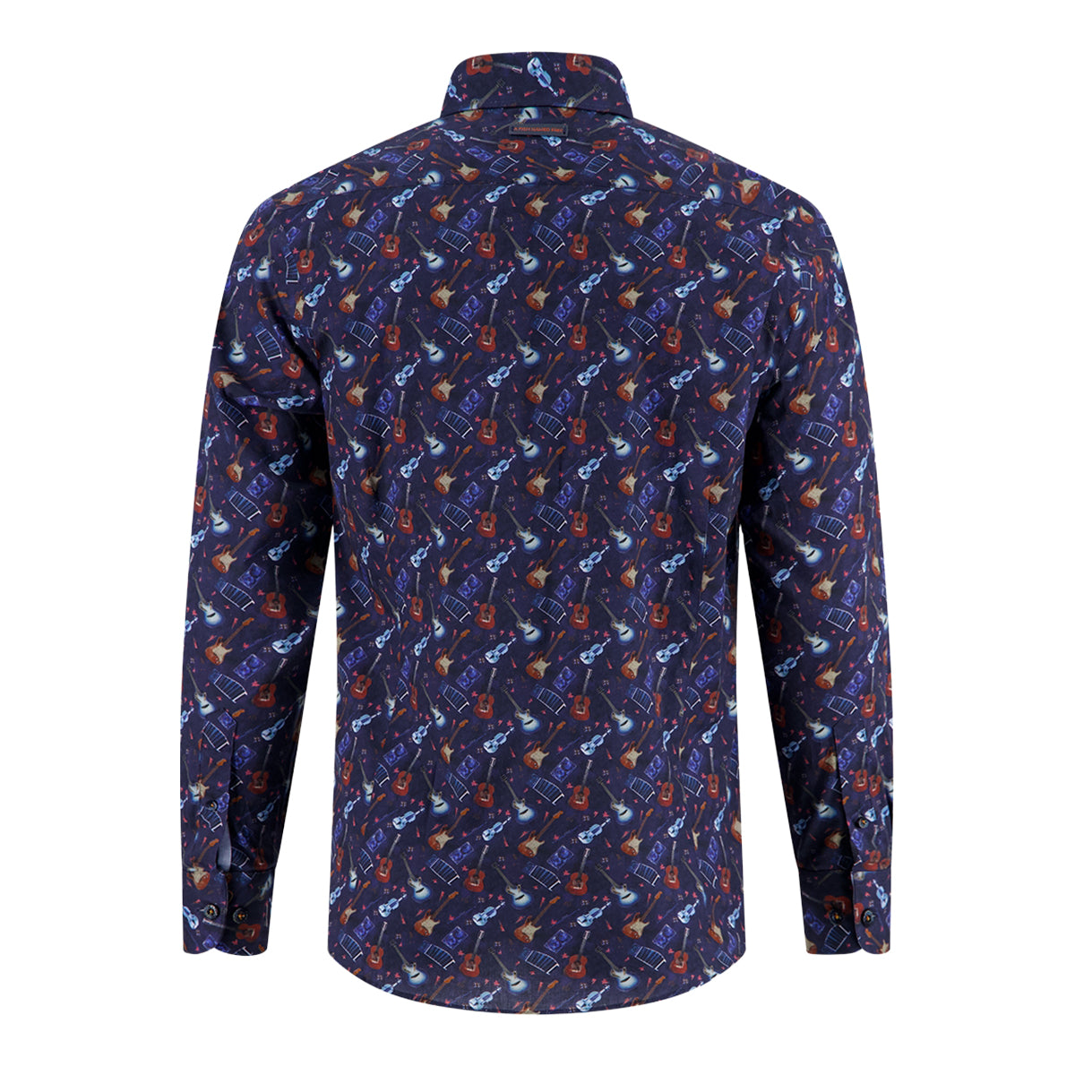 Men's Long Sleeve Shirt With Guitar Pattern-Navy-Back View