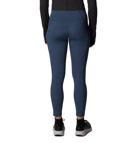 Blue leggings worn by a person on a white background
