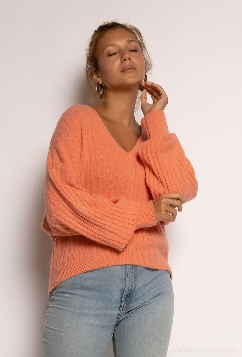 Ladies Ribbed Sweater With V-Neck-Front View