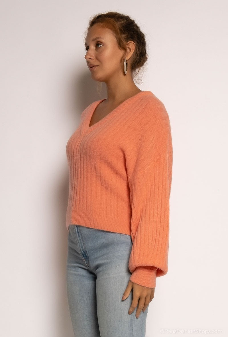 Ladies Ribbed Sweater With V-Neck-Side View