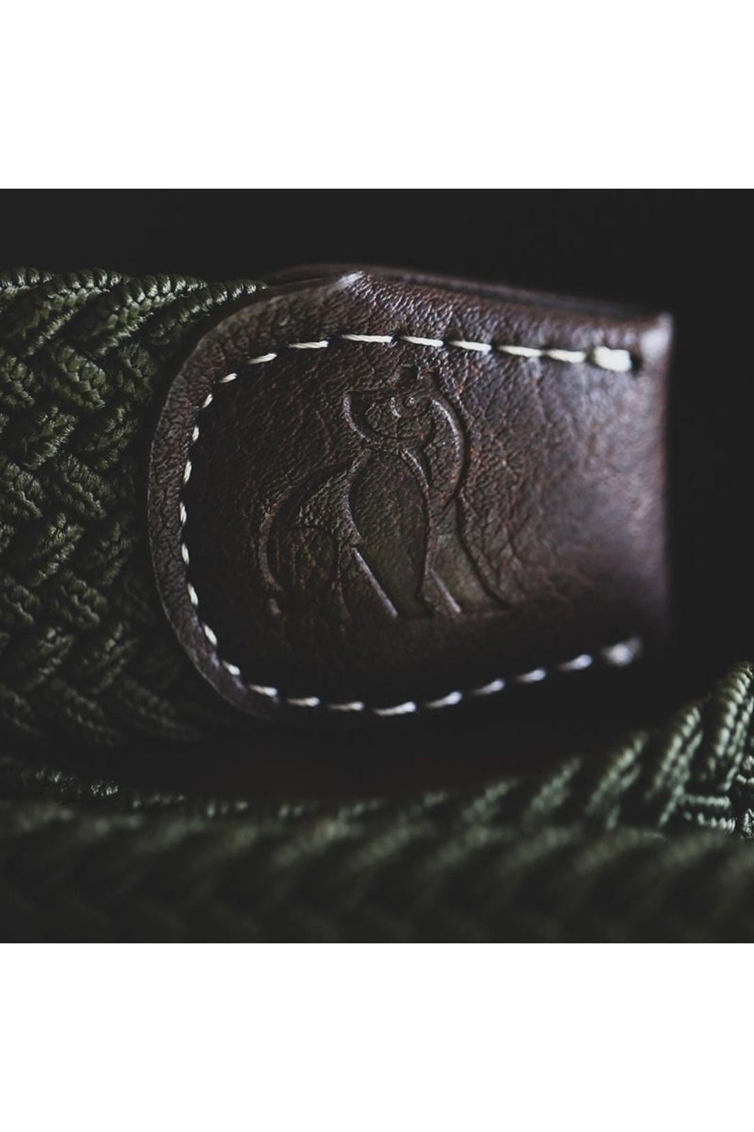 Unisex Woven Belt - Khaki Green-Close Up of faux leather part