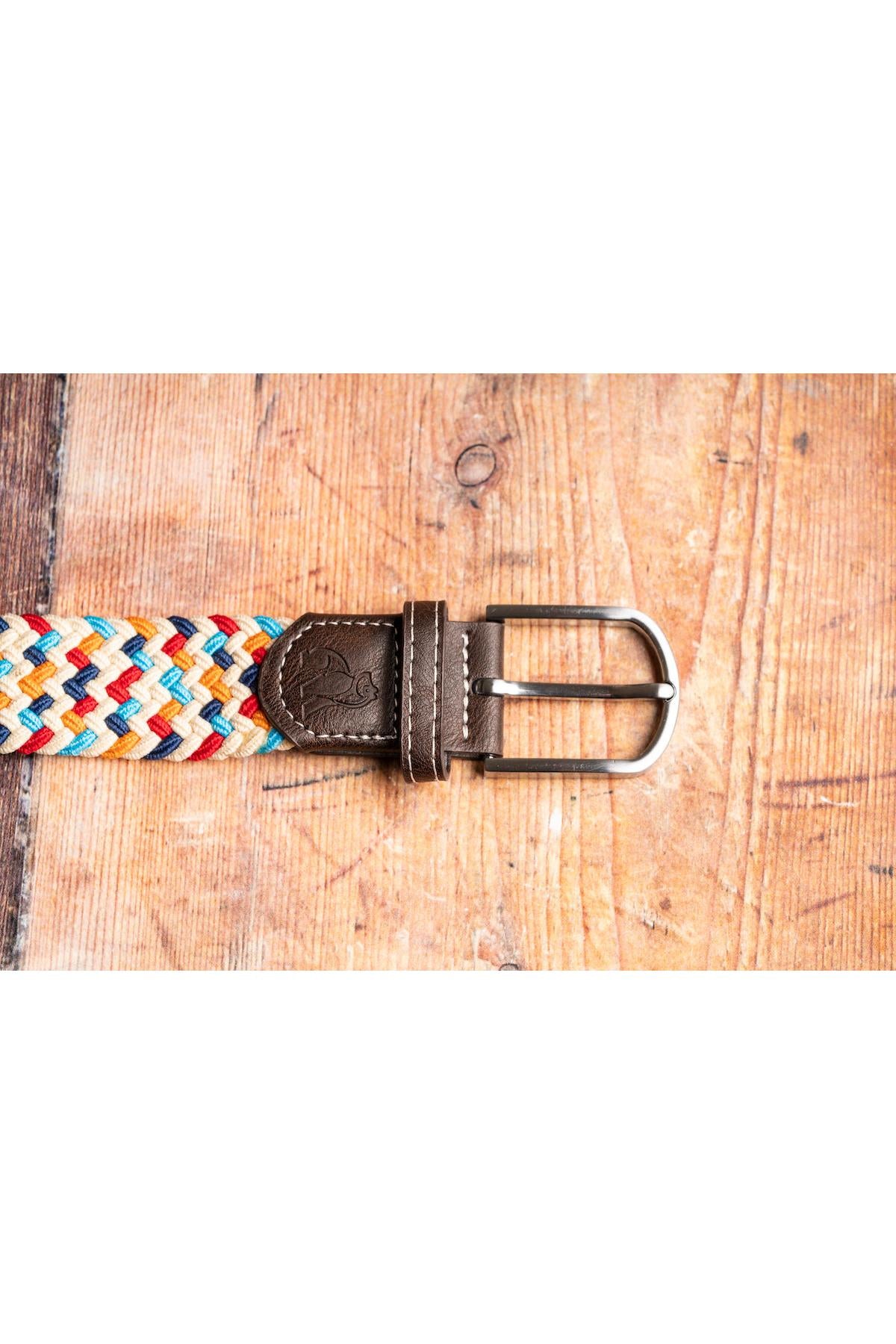 Swole Panda multi colour zigzag woven belt buckle detail