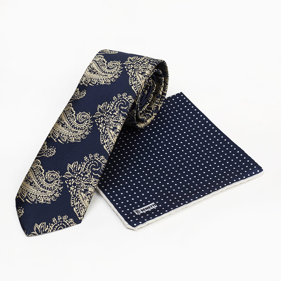 BENETTI Navy Gold Paisley Tie & Pocket Square Navy Gold model front view