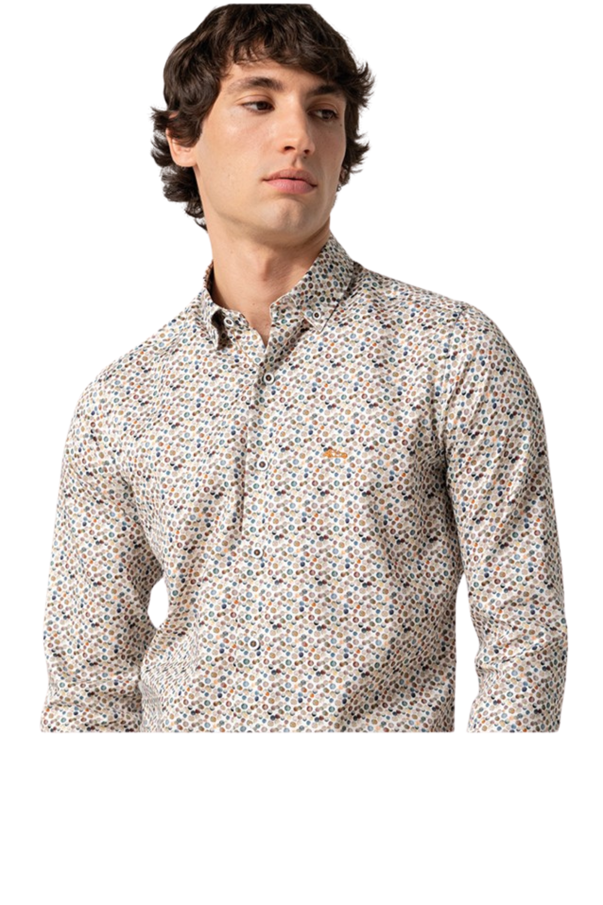 Man wearing a patterned shirt on a white background