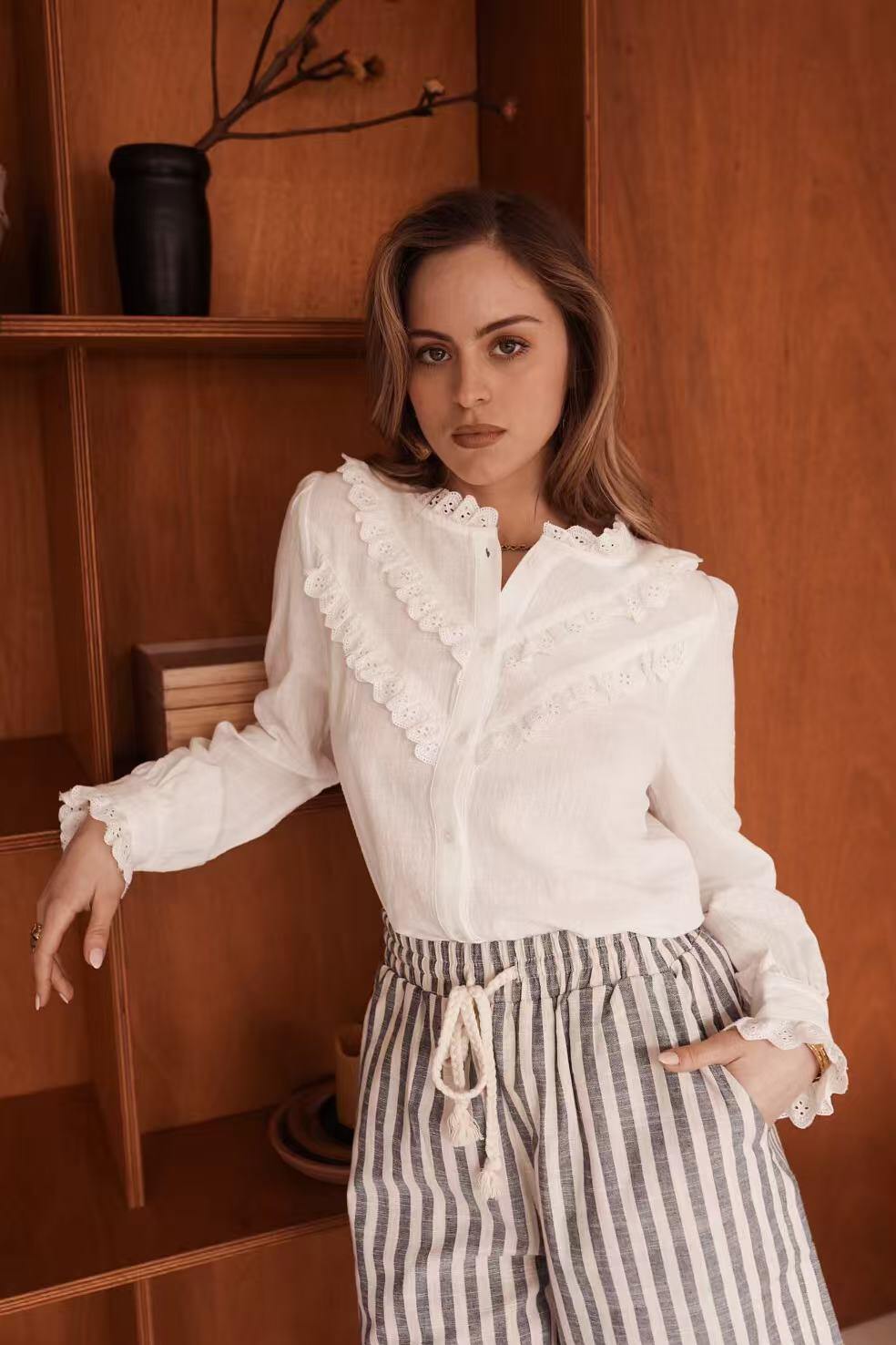 Ladies White Blouse with Embroidered Detail-Model Front View