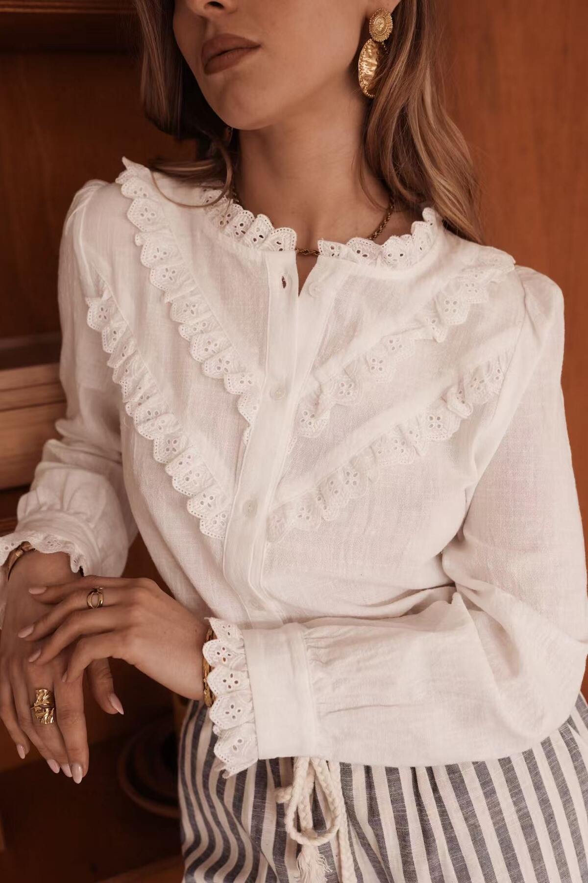 Paris Fashion White Blouse with Embroidered Detail WHITE back view