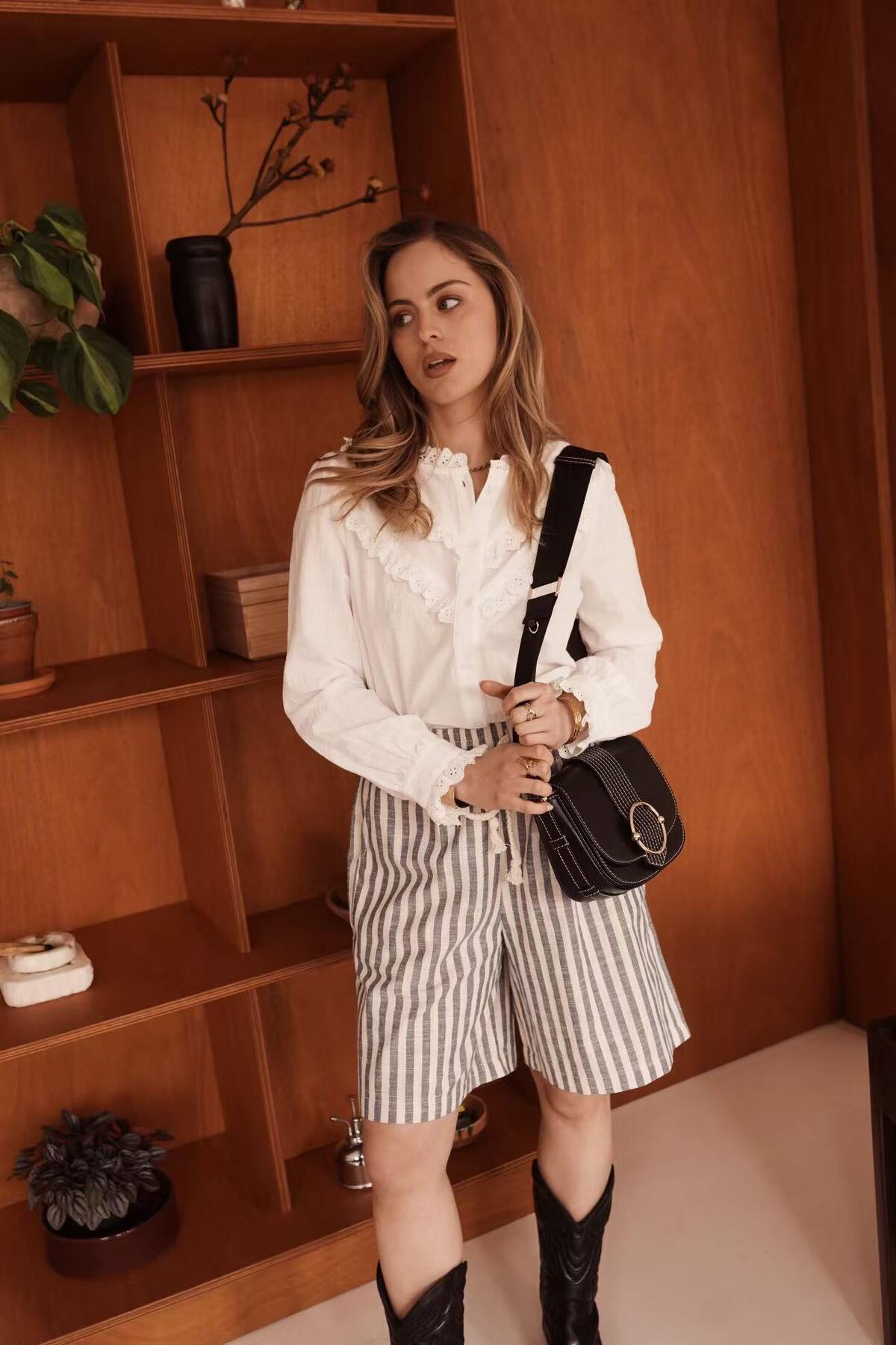 Ladies White Blouse with Embroidered Detail-Model Full Front View