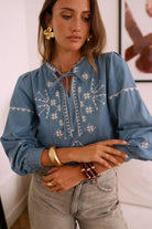 Paris Fashion Light Denim Embroidered Blouse LIGHT DENIM front view