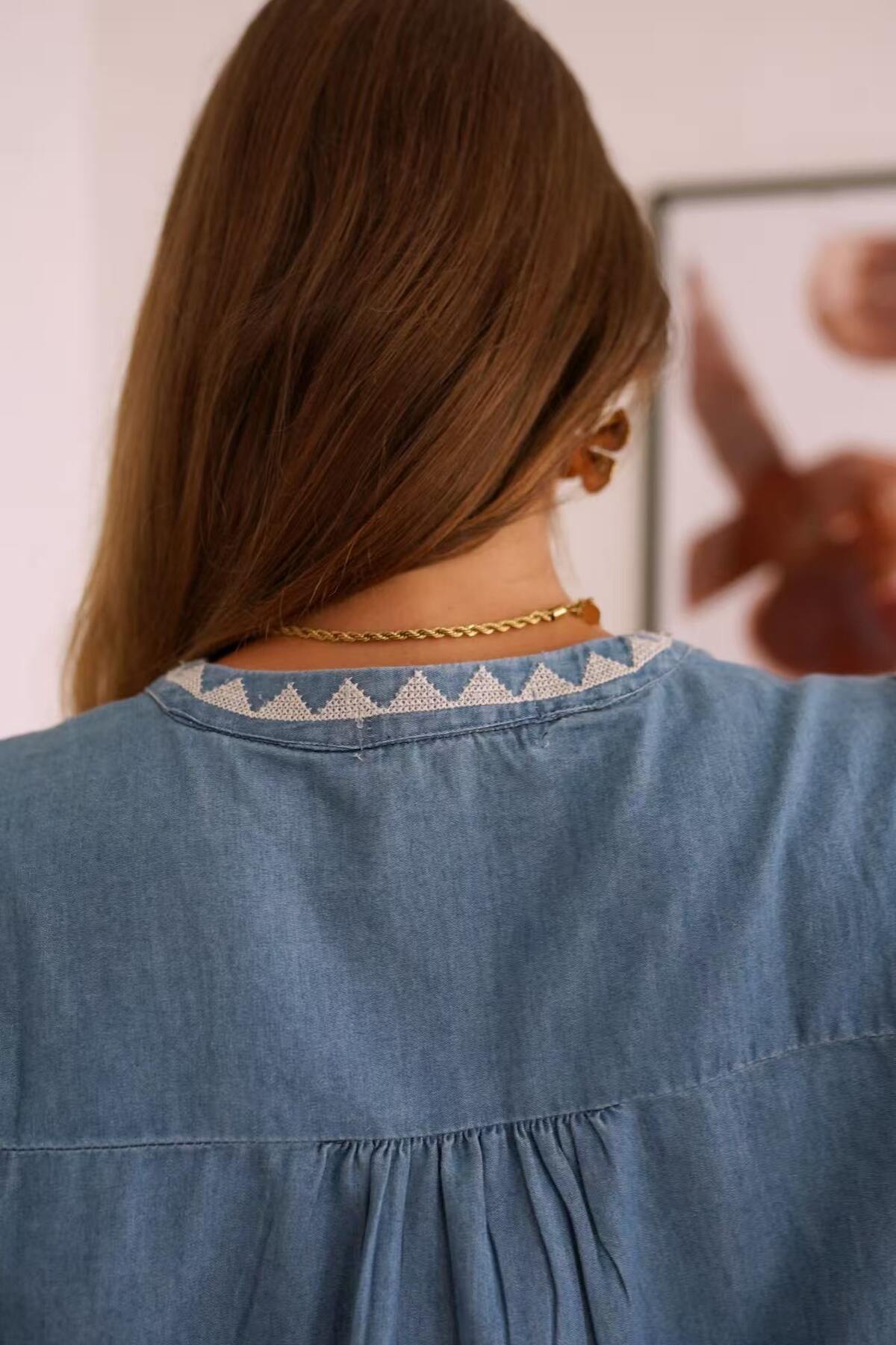 Paris Fashion Light Denim Embroidered Blouse LIGHT DENIM back view