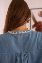 Paris Fashion Light Denim Embroidered Blouse LIGHT DENIM back view