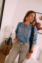 Paris Fashion Light Denim Embroidered Blouse LIGHT DENIM model front view