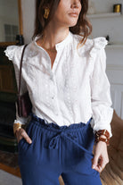 Paris Fashion Embroidered White Cotton Blouse WHITE model front view