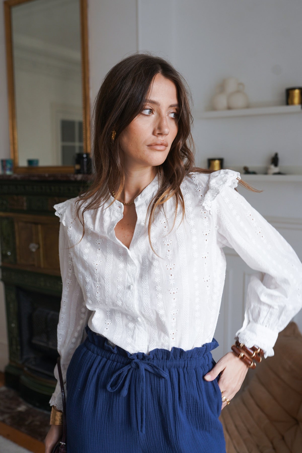 Paris Fashion Embroidered White Cotton Blouse WHITE side view