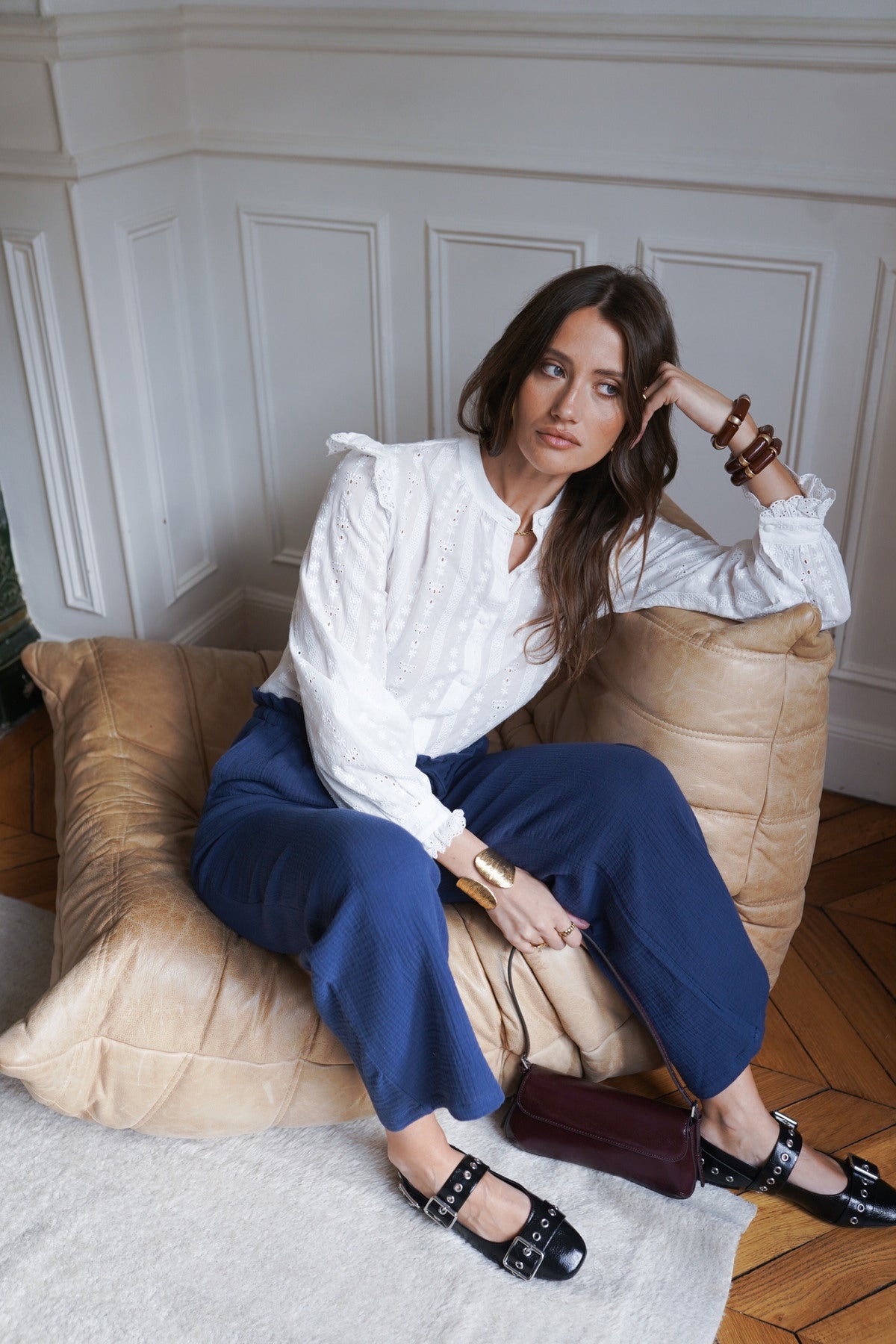 Ladies Embroidered White Cotton Blouse-Model Full Front View