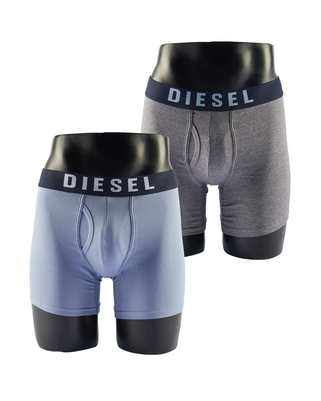 Two pairs of Diesel boxer briefs, one gray and one blue, on a white background.