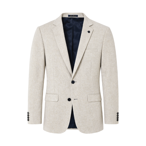 Beige blazer with black buttons on a white background