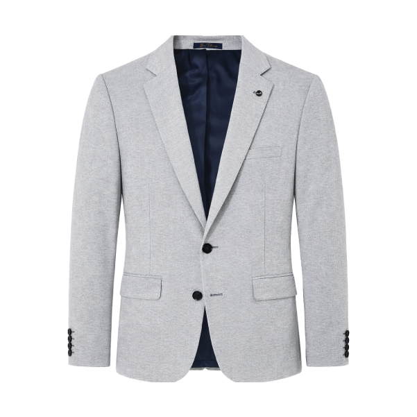 Gray blazer with black buttons on a white background
