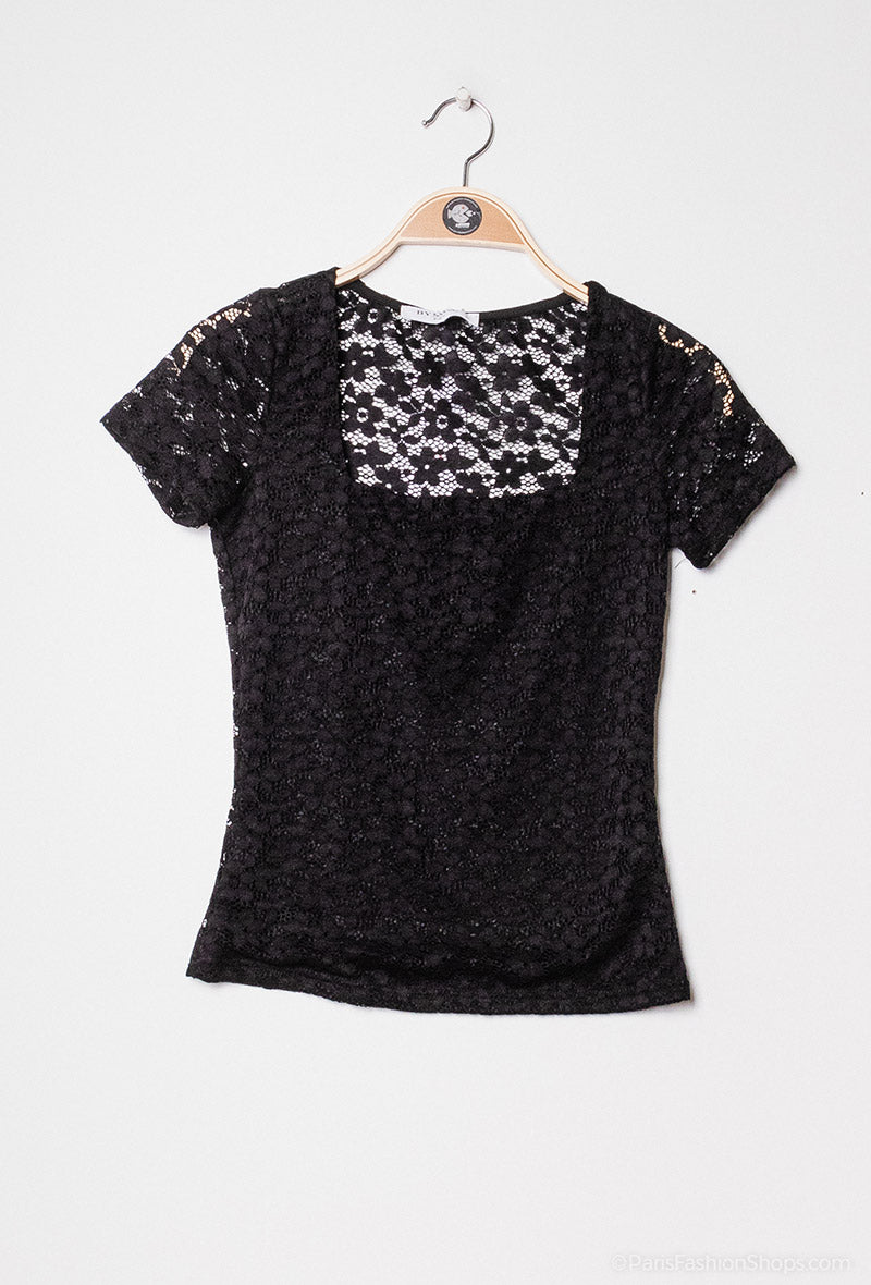Ladies Lace Top with Square Neck - Black-Front View