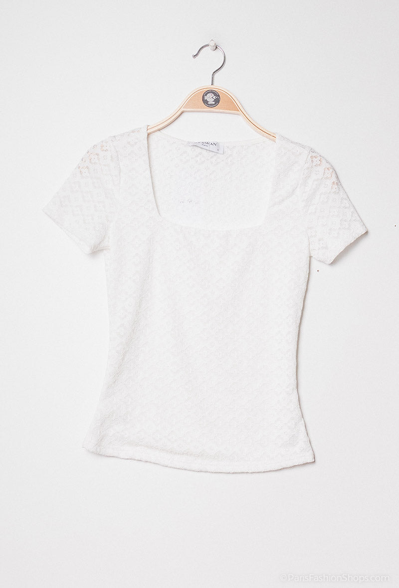 Ladies Lace Top with Square Neck - White-Front View
