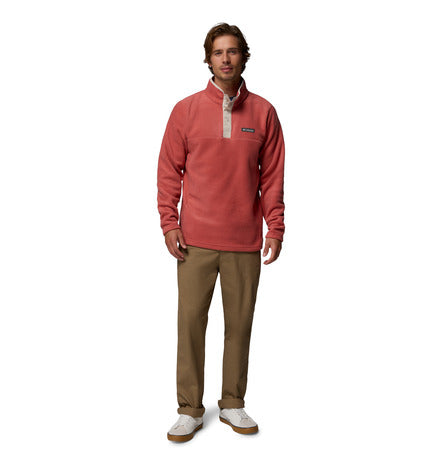 Man wearing a red fleece pullover with a logo on a white background