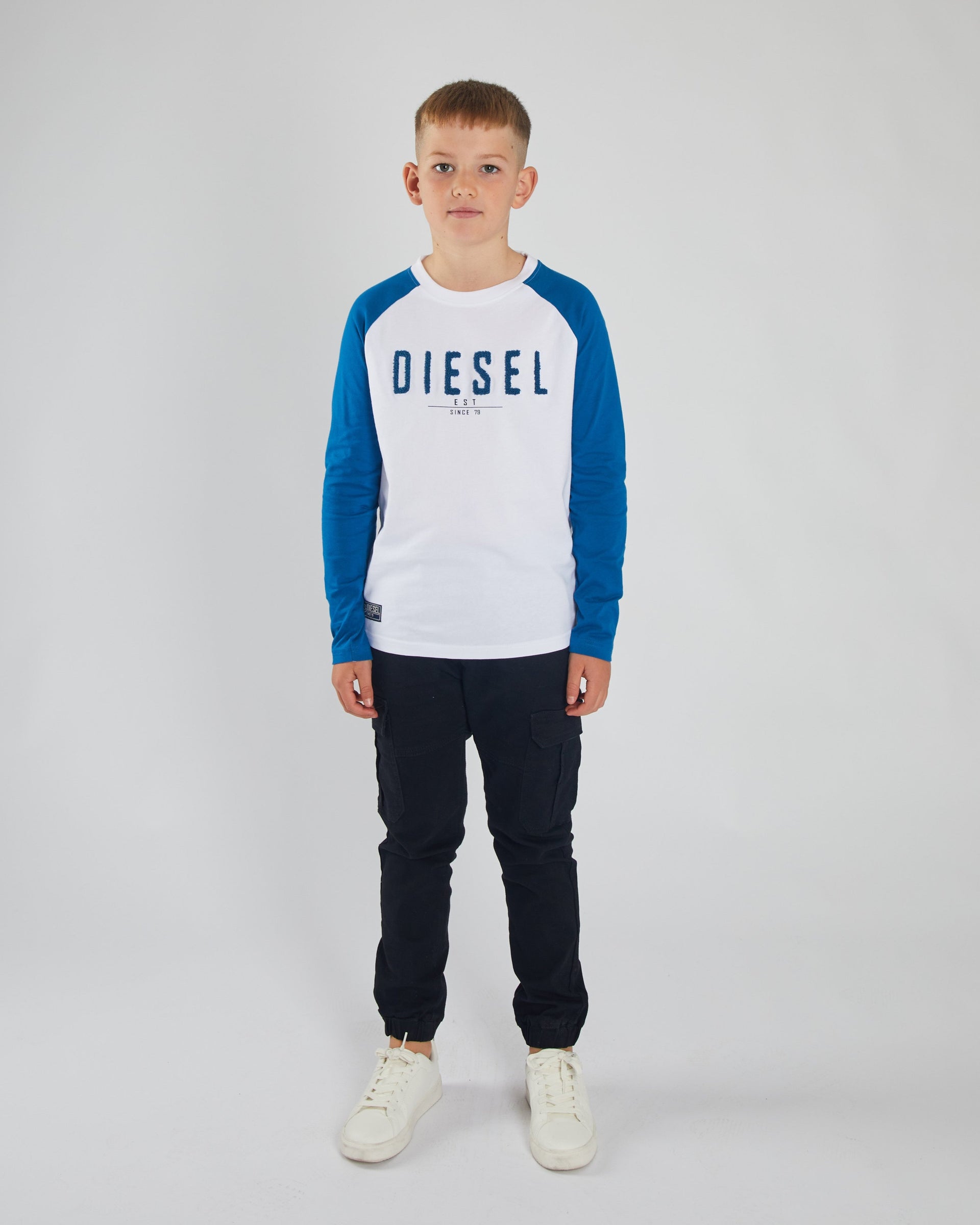 Boy's Carter Long Sleeve Petrol / White Tee-Full Model Front Veiw