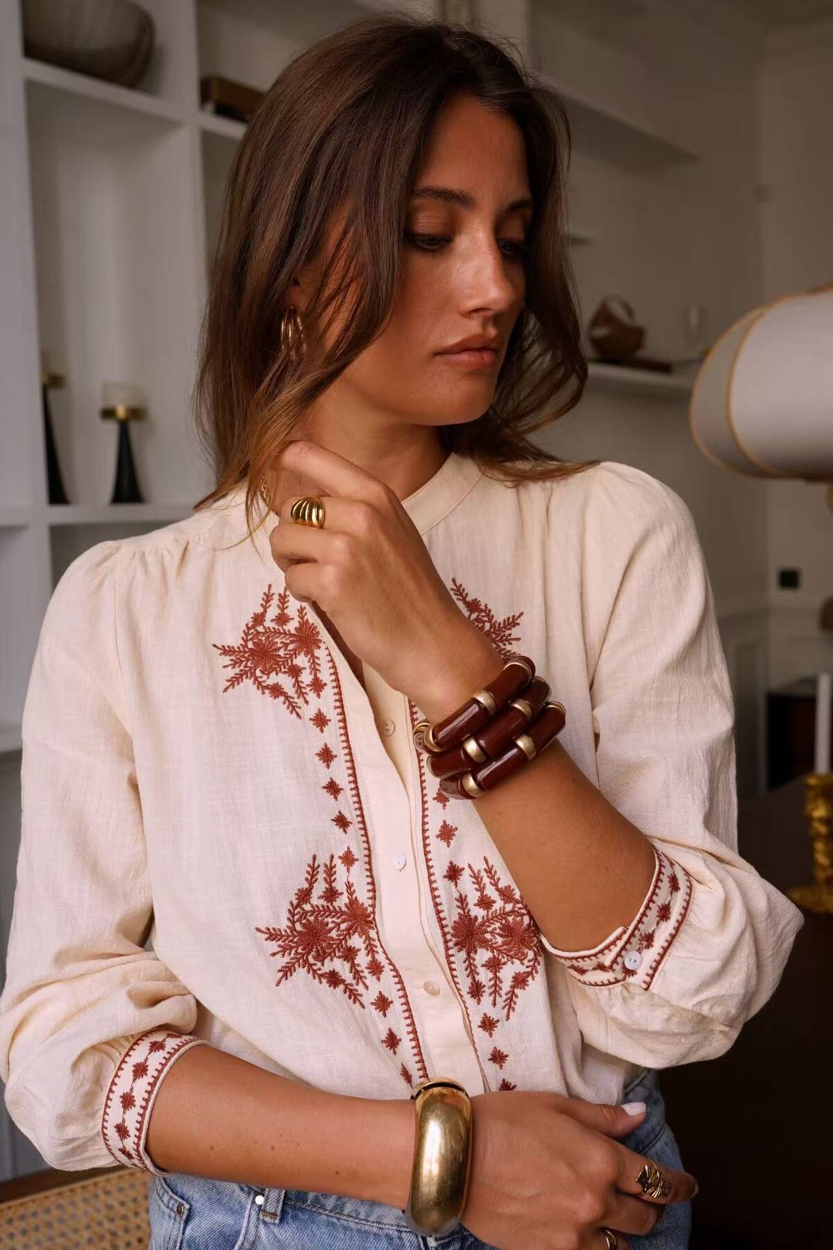 Ladies Cotton Shirt With Red Placed Pattern-Sleeve View