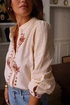 Paris Fashion Cotton Shirt With Red Placed Pattern Beige/Red side view