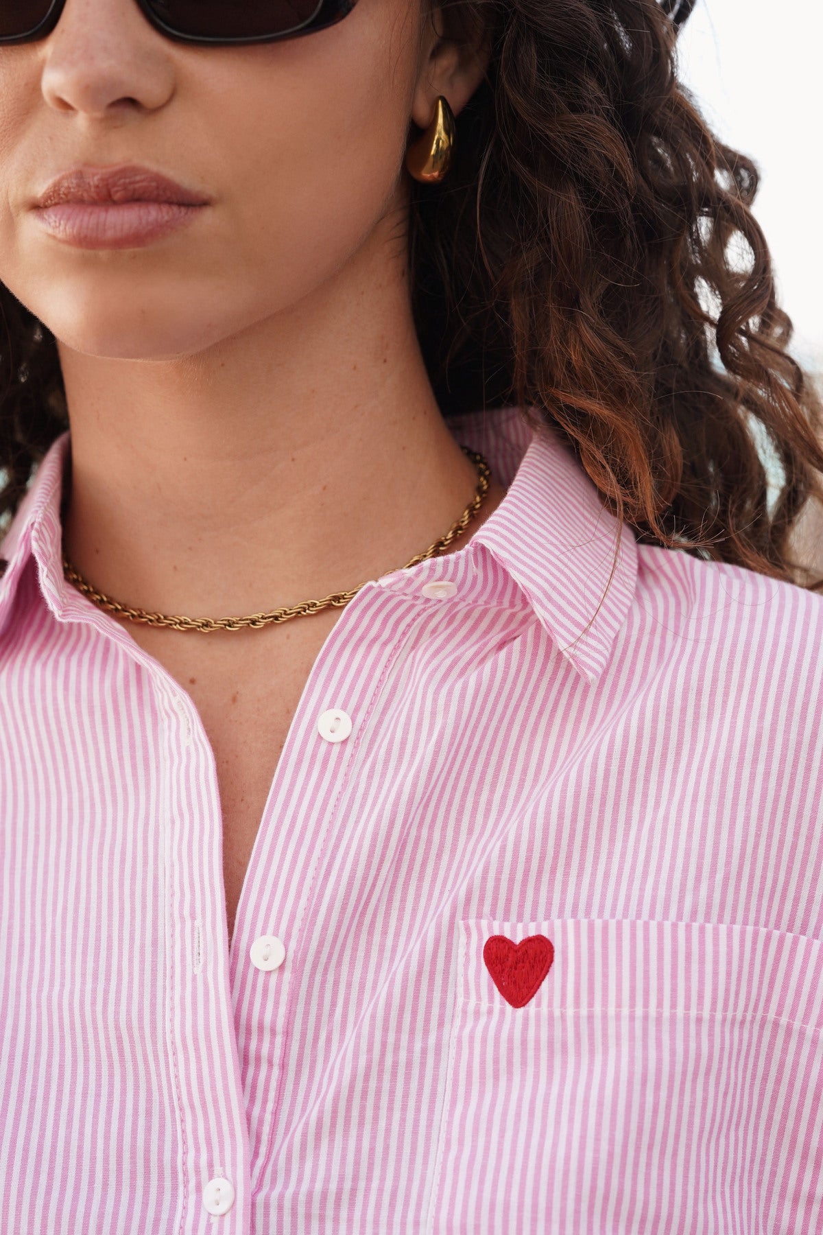 Ladies White/Pink Shirt With Love Heart Detail on Pocket-Pocket View