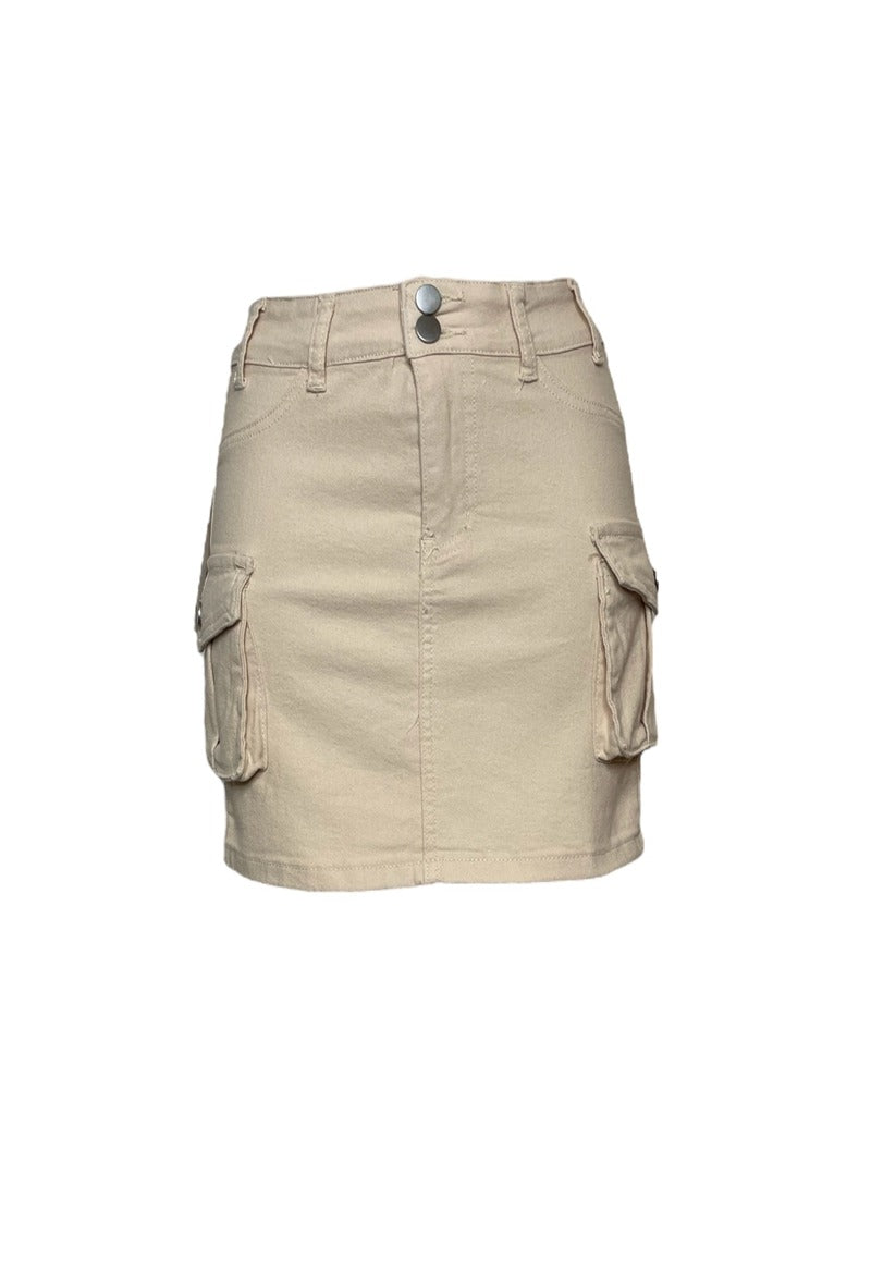 Ladies Beige Cargo Denim Skirt-Front View