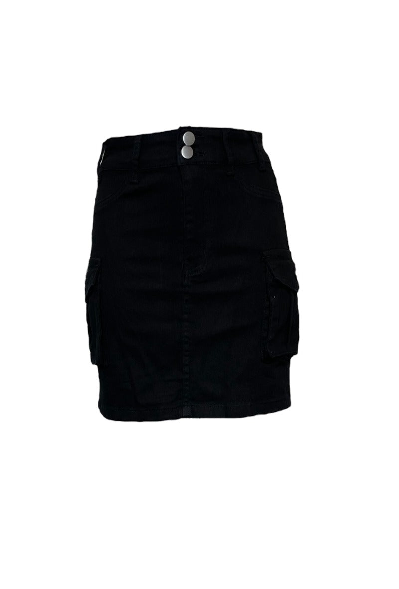 Ladies Black Cargo Denim Short Skirt-Front View