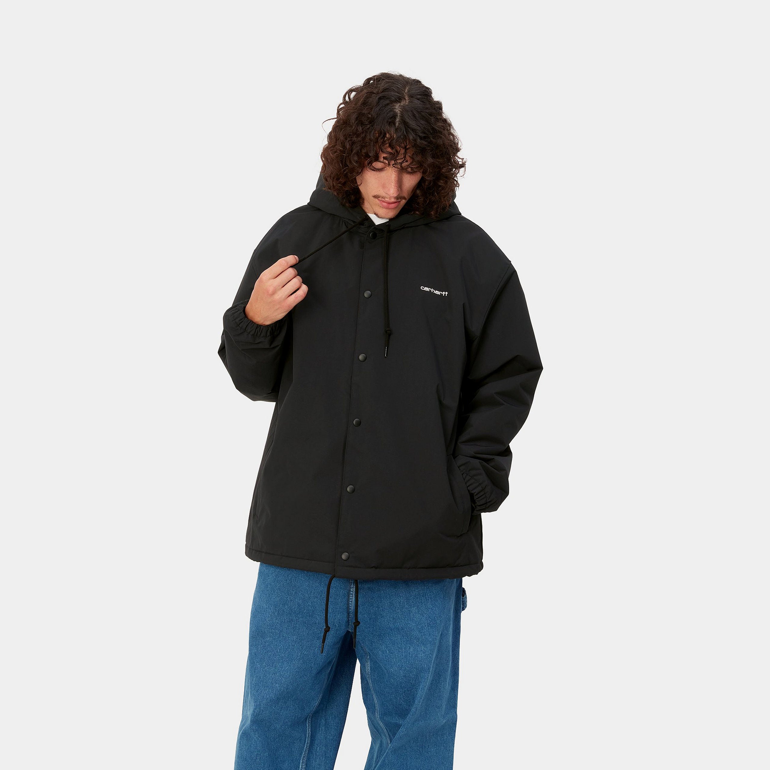 Carhartt WIP Hooded Coach Jacket-Black / White Black / White front view