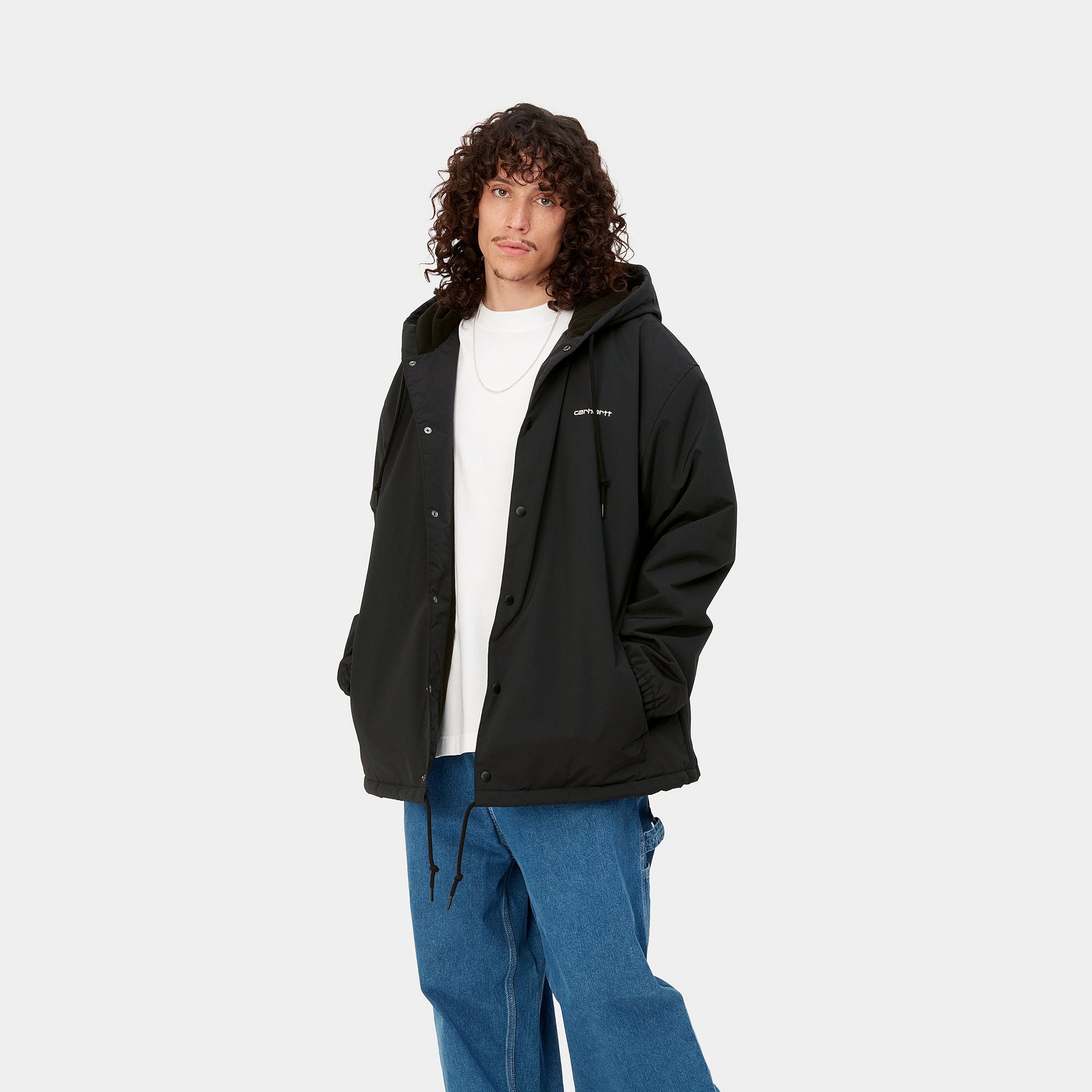 Carhartt WIP Hooded Coach Jacket-Black / White Black / White model front view