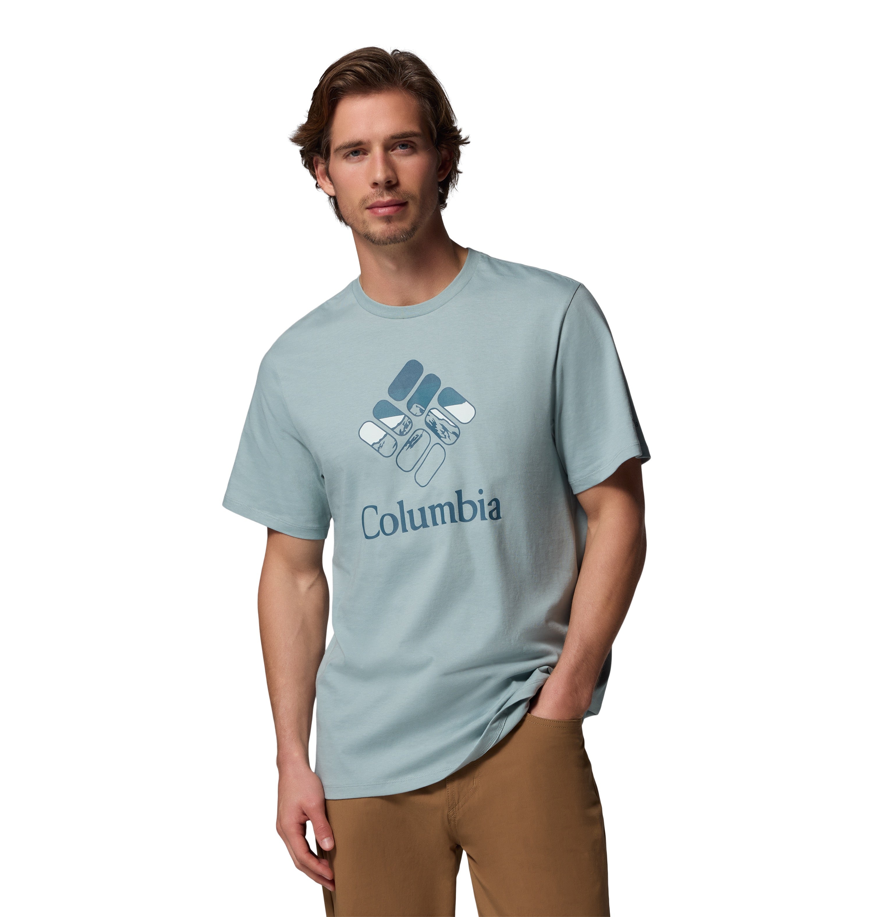 Front view of Columbia's CSC Seasonal Graphic Tee in Crushed Blue (Heavenly Stacked Gem) with a layered camping-style chest graphic.
