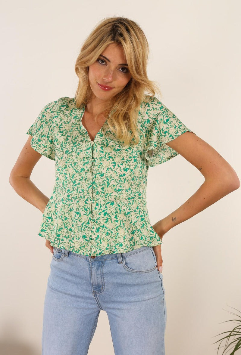 Ladies Green Short Sleeve Floral Print Blouse-Front View