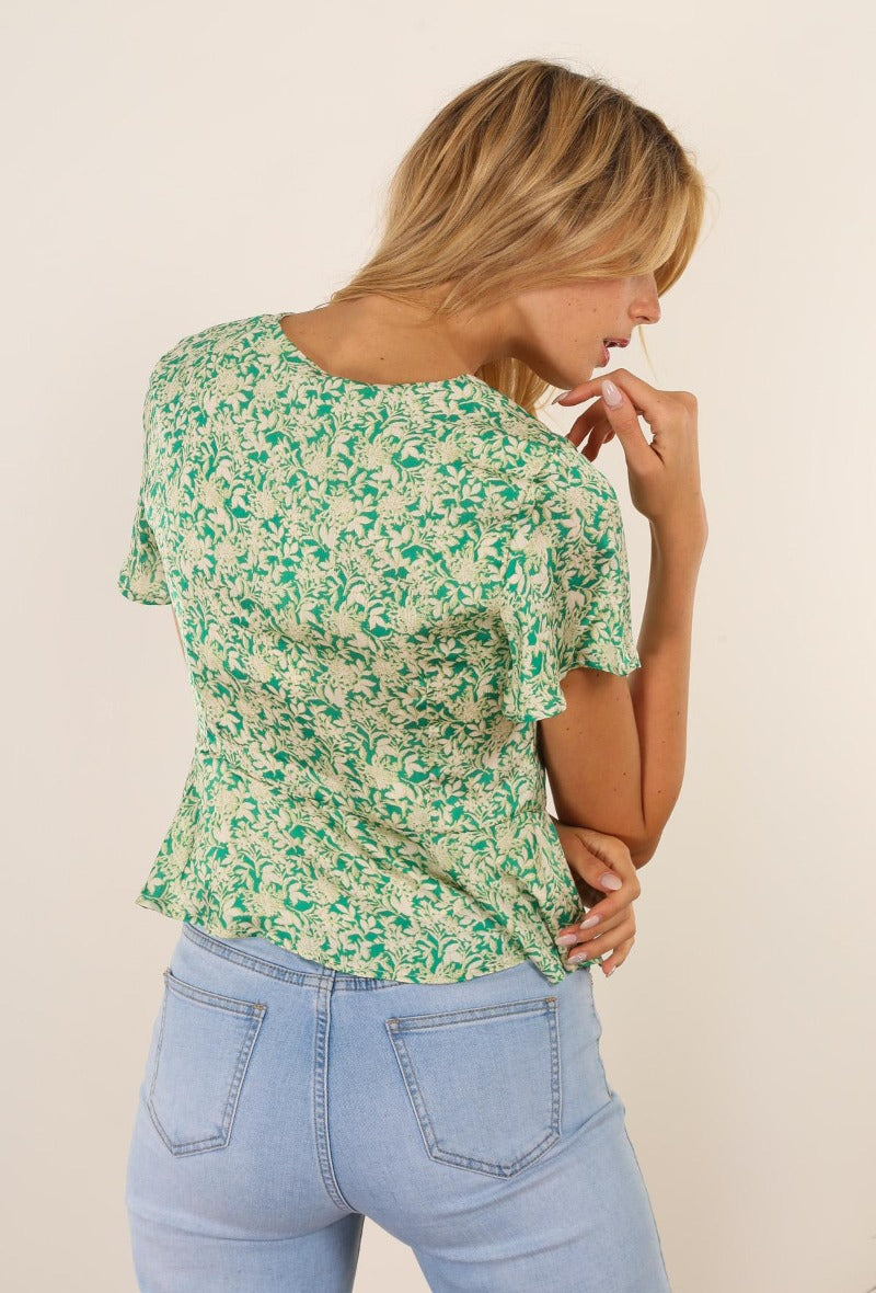 Ladies Green Short Sleeve Floral Print Blouse-Back View