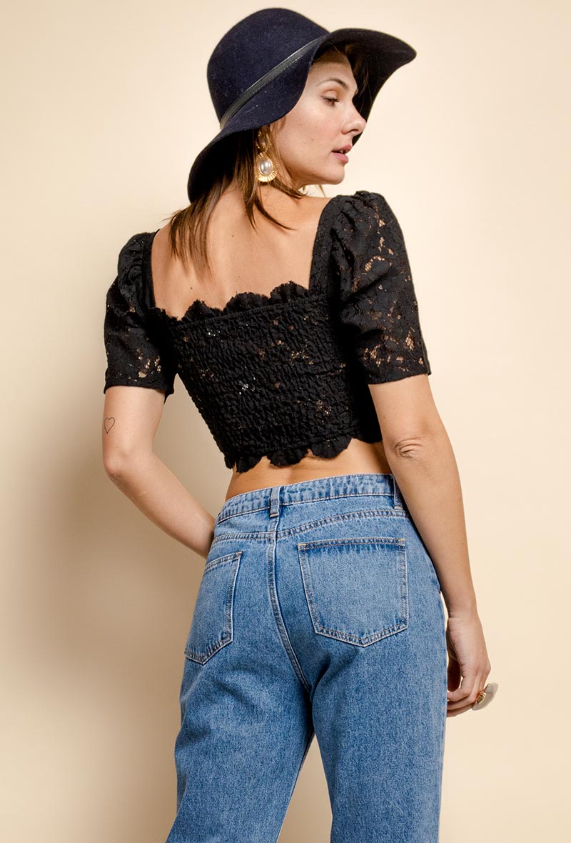 Black Lace Long Sleeve Square Neck Crop Top