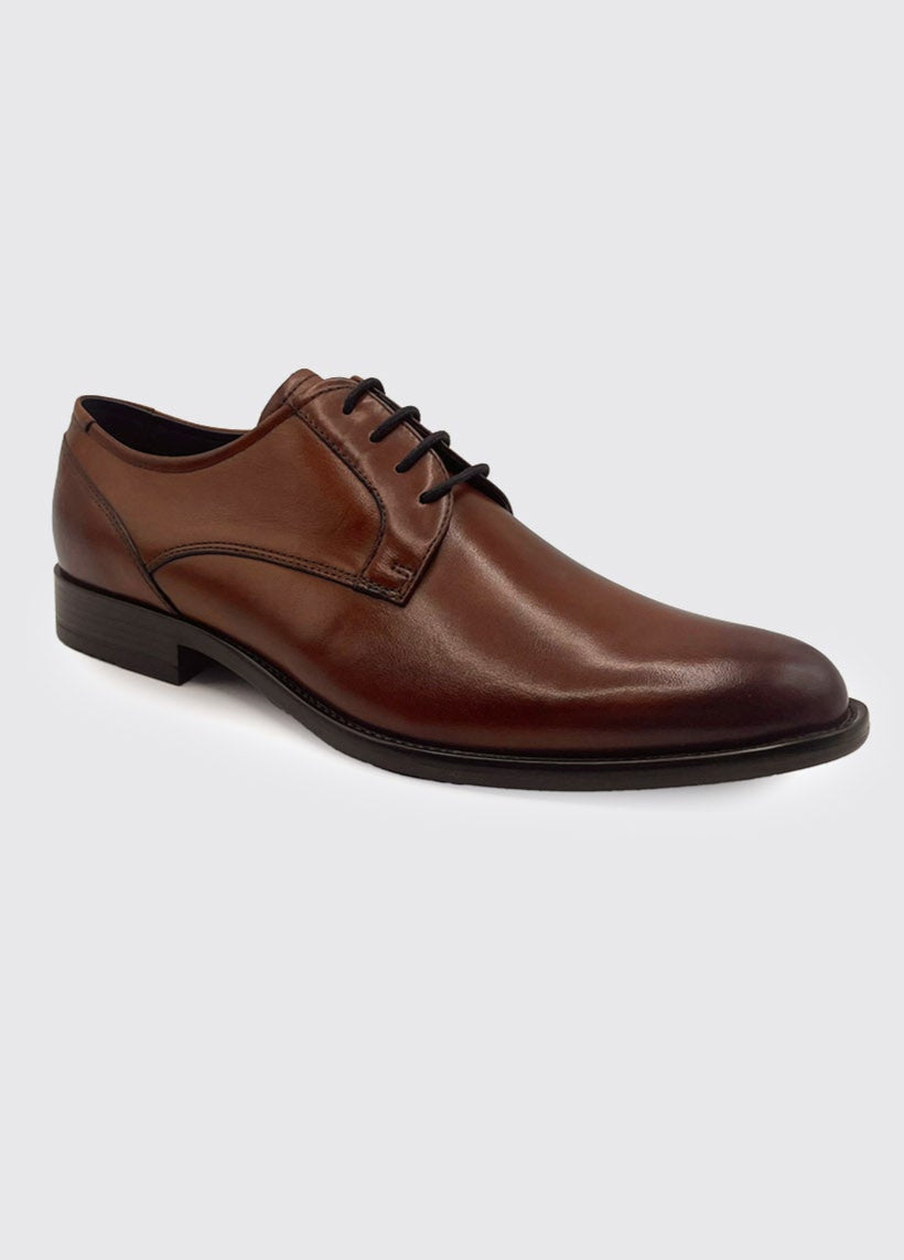Brown leather dress shoe on a light gray background